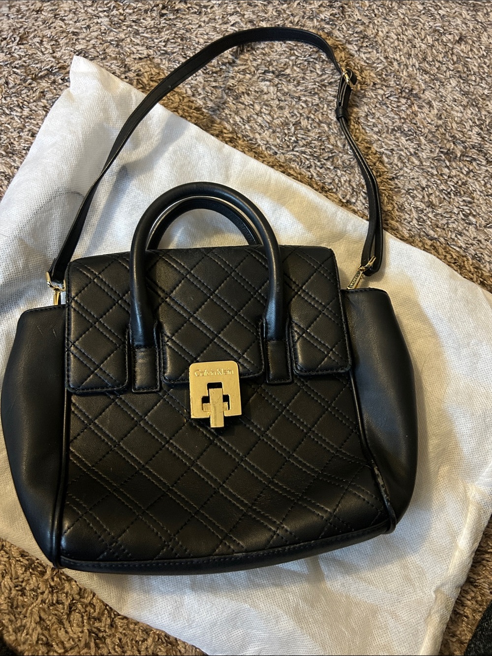 Calvin Klein Black Quilted Satchel with Gold Hardware